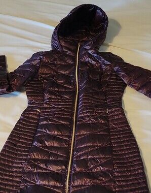Calvin Klein Women's Quilted Hooded Long Puffer Coat - Deep Purple Size XS/S